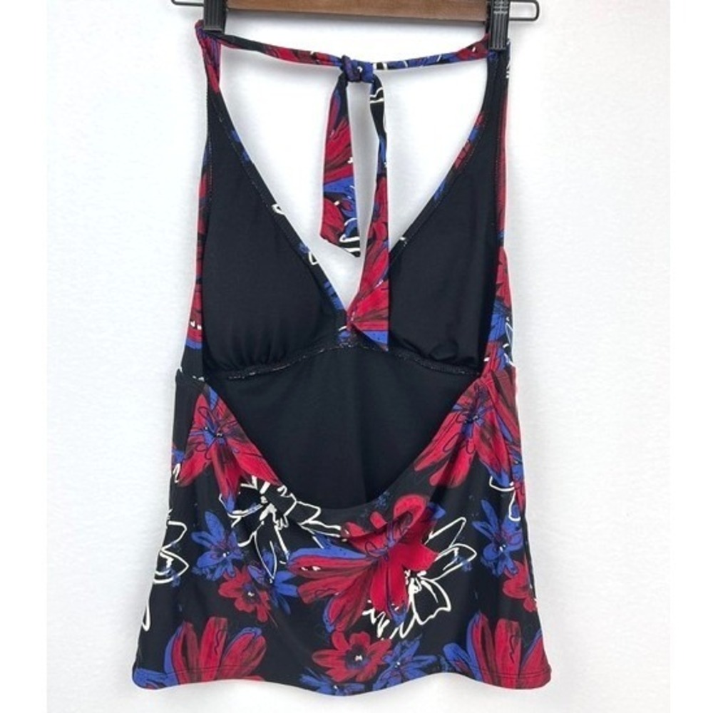 Catalina Red Floral Halter Tankini Swim Top Open Back Black Blue M 8-10 - Picture 2 of 8